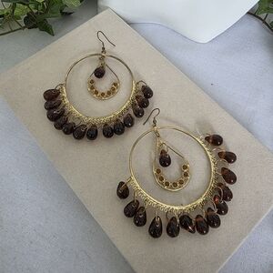 Large Statement Gold Hoop Earrings with Amber Glass Beads